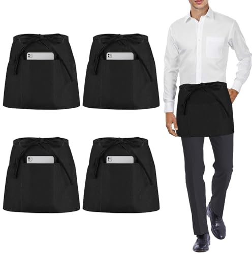 umboom 4 Piezas Delantale de Impermeables Negro, Cortos Delantale con 3 Bolsillos para Mujeres Hombres Camarera Chef, Trabajo Delantal para Restaurante Bar Cafetería Jardín Bistro (Impermeables)
