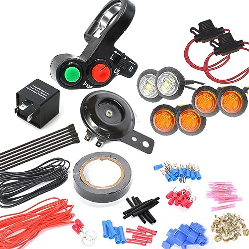 Aputoxz Kit de klaxon de clignotant universel pour voiture, VTT, UTV, SXS, kit légal de rue, interrupteur à pouce avec lumières LED, relais clignotant, système de harnais (kit N)