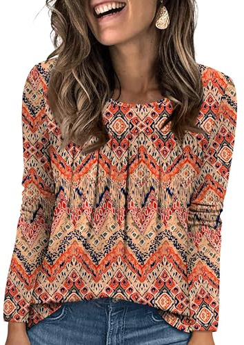 WIHOLL Långärmade toppar för kvinnor uk damtröjor rund hals tunika veckade blusar kurva fåll vardaglig smickrande, Boho, XL