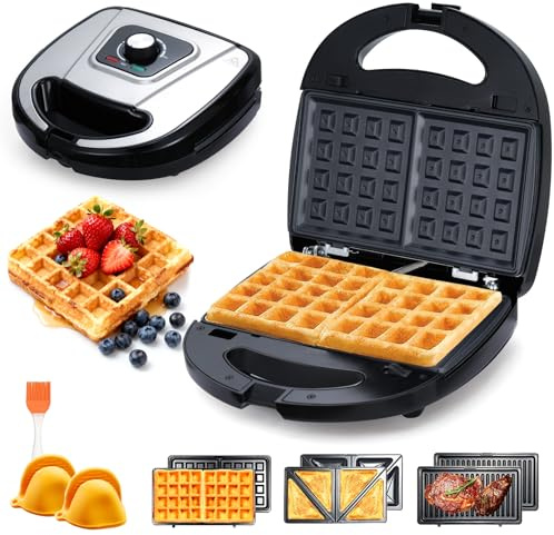Mingfuxin 3 IN 1 Frühstücks Sandwichmaker, Elektrisches Waffeleisen, Panini-Grill mit abnehmbaren Antihaft-Platten, Elektrischer Grillkäse-Maker für Grillgerichte, Desserts, Waffeln und Sandwiches
