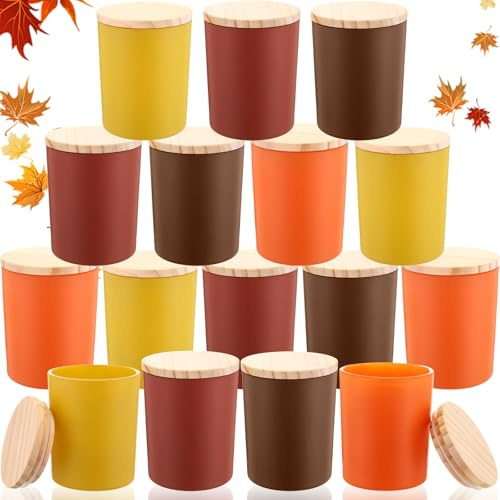 Ziliny 16 Pcs Fall Candle Jars for Making Candles Thanksgiving Empty Containers Bulk 7 oz Autumn Glass Jars with Bamboo Lids Tins for Making Storing Biscuits Tea Party Favors