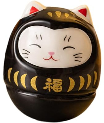 PawwJoy Gobelet Daruma en porcelaine avec motif chat fortune 3,6 x 3,6 x 3,8 cm - Décoration de table orientale - Noir