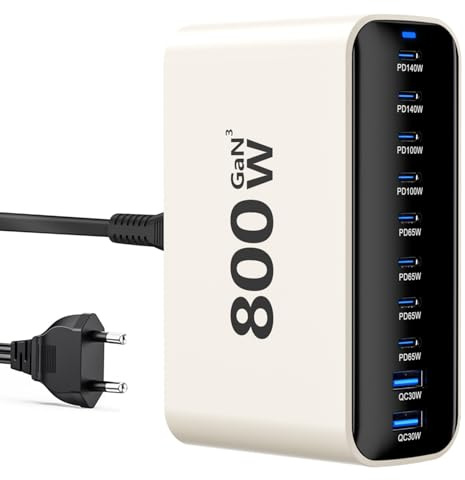 800W USB C Charger, GaN 10 Ports USB Charger Multi Compartment, Laptop Adapter USB Plug Fast Charger, PD Power Supply Compatible with MacBook Pro/Air/Dell/iPhone/Galaxy/Laptop/Tablet/Mobile
