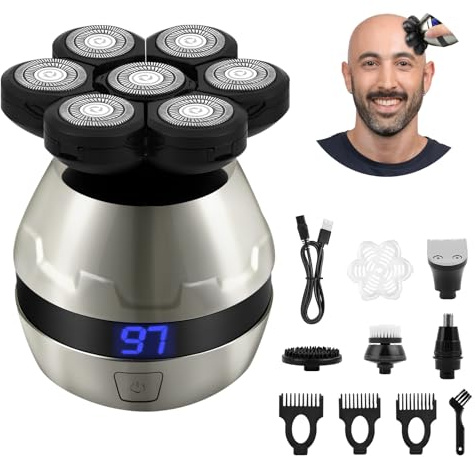 LOPHE Afeitadora Cabeza Hombre, 4D Maquina Afeitar Hombre Calvo, Afeitadora Electrica Cabeza para Calva Facial Barba, 7 Cabezales y Pantalla LED, IPX6 Impermeable en Seco y Húmedo Recargable (8 en 1)