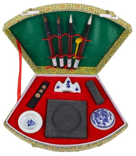 AUTSUPPL Kit de Calligraphie Chinoise 5 Pièces Pinceau de Calligraphie Encre Traditionnelle Pierre à Encre Carrée Compacte Ensemble Peinture Chinoise pour Apprentissage et Usage Quotidien