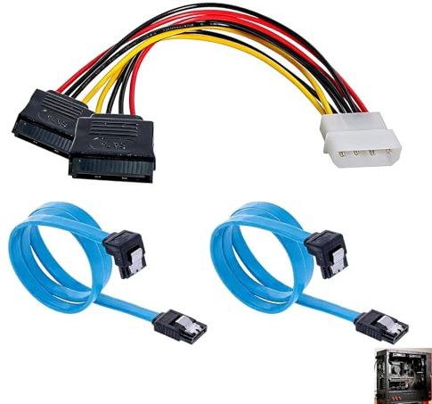 3 SATA-kabelset, 2 × SATA-datakabel 6 Gbit/s + 4-stifts Molex till 2 SATA-adapter, SATA strömadapter anslutningskabel för HDD SSD, kontakt rak till 90° vinkel med metallklämma, internt PC-tillbehör