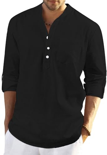 LVCBL Camisa Henley Hombre Lino Y Algodón Manga Larga con Botones Casual M-3XL