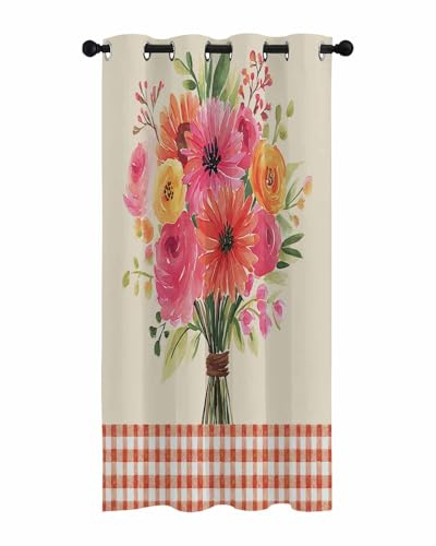 Watercolor Flowers Blackout Curtain 36 inch Length for Living Room Bedroom, Colorful Flora Red Patches Room Darkening Window Drapes Grommet Thermal Insulated Curtain Panel for Home Sliding Door Decor