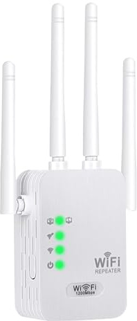 Repetidor WiFi Potente 1200Mbps Amplificador de señal WiFi,4 Antenas,2 Rj45 Puertos LAN,Modo Repetidor/Router/Ap,Cobertura 360° de hasta 1000 m²,Adecuado para Oficinas y Casa,Fácil de Instalar