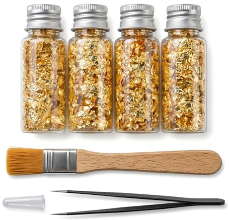 Solvio 4 Bottles Gold Leaf Comes Tweezers & Brushes for Cake Decorating | Flakes for Cakes Sheets for Baking,Chocolate, Dessert, DIY Crafts, Resin Art and Skincare,Metallic Gilding Paper（Not edible）
