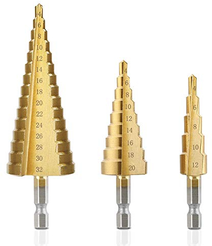 Foret étagé HSS, Rusee HSS Hex Tige Foret Bits 4-12mm / 4-20mm / 4-32mm Titanium Métal Éclaté Éplucheur Bits Ensembles Bits Cone Bits 3 pcs