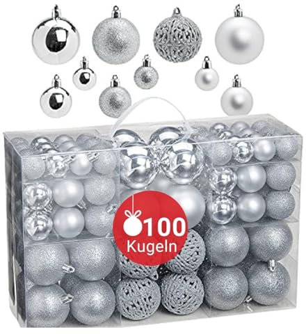 WOMA Christbaumkugeln Set Silber & 22 weiteren Farben - 50er & 100er Weihnachtskugeln Set - Weihnachtskugeln Kunststoff - Weihnachtsbaum Deko & Christbaumschmuck