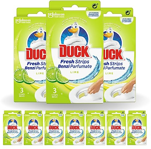 Duck Toilet Fresh Strips Lime Pack of 10 (30 Strips) – Toilet Cleaner & Descaler, Long Lasting Fresh Fragrance, Helps Fight Stains & Germ Build-Up, Easy No-Mess Application