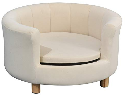 PawHut Canapé Chien lit pour Chien Chat avec accoudoirs Coussin Moelleux Pieds Bois Massif dim. 65 x 64 x 37 cm Velours crème