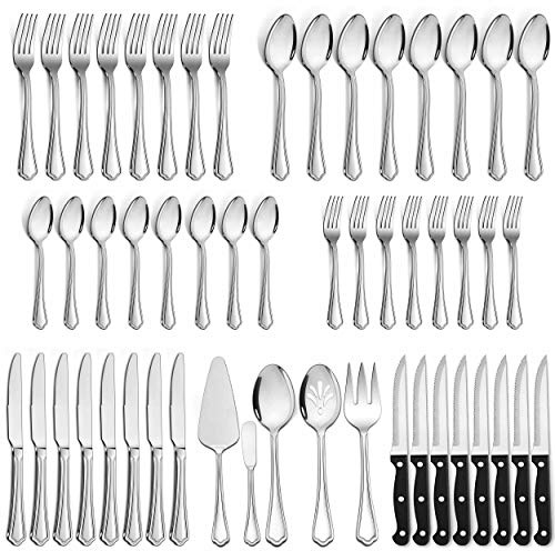 LIANYU Lot de 77 couverts en acier inoxydable pour 12 personnes avec bords festonnés et couteaux à steak Passe au lave-vaisselle