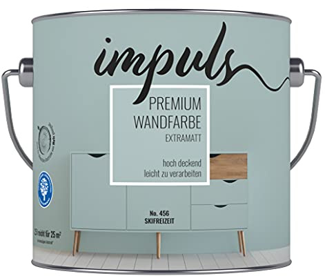 Impuls Premium Trend Wandfarbe 2,5L mint extramatt matt Farbe Innenfarbe Vintage Shabby Retro Innenwandfarbe hochdeckend Trendfarbe Wand- und Deckenfarbe (Skifreizeit)