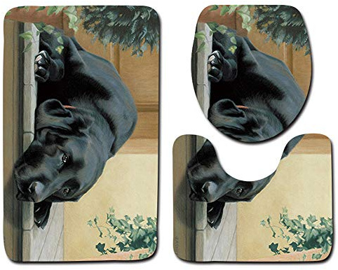 Fansu Juego de Alfombras de Baño de 3 Piezas, Alfombrilla de Baño Antideslizante Absorbente de Agua Microfibra Suave Alfombra de Baño y Tapa de Inodoro Funda para bañera, Ducha (50x80cm,Perro Negro)