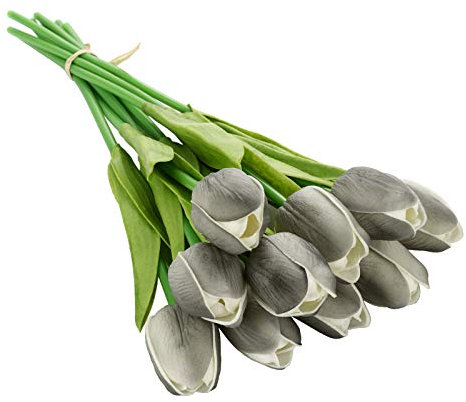 RNCOZE 10 flores de tulipanes artificiales, flores de tacto real gris, ramo de tulipanes de tallo largo, ramo de tulipanes de poliuretano sintético para decoración de bodas en el hogar y la oficina