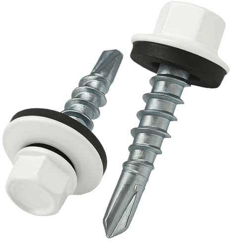 4.8 mm x 25 mm Takskruvar, Sexkantshuvud Självborrande Flerfärgad (RAL 9010 Pure White) Skruvar med EPDM-förseglad Bricka, Rostsäker Zinkpläterad Härdad Grov Gänga Skruv (50 stycken)