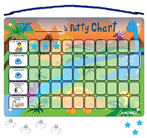 Amonev Children's Magnetic Potty Training Reward Chart. Magnetic Sticker Chart. Reusable Wall Chart for Toilet Training. Suction Cups for Tiles or Glass (Dinosaur)