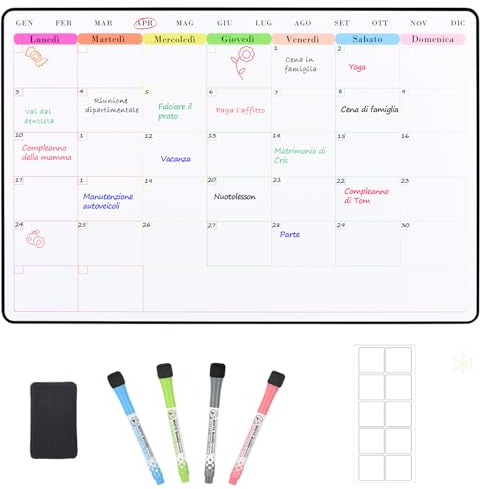 POPRUN Lavagna magnetica frigo Pianificazione la Settimana/Mensile, Calendario Magnetico Frigorifero Lavagna calamitata morbida 42×28cm -in Italiano
