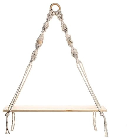 Geieold Macrame Wall Hanging Shelf - Boho Wood Wall Shelves with Wood Beads, Farmhouse Floating Shelf Rustic Hanging Plant Shelf Easy Install Easy to Use
