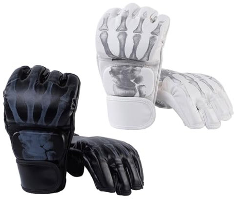 Ronyme 2 Paar MMA-Handschuhe, Handschuhe, Halbfinger, atmungsaktiv, fingerlos, stoßfest, Boxhandschuhe, Kampfsport-Handschuhe für Sanda, Schwarz und weiß