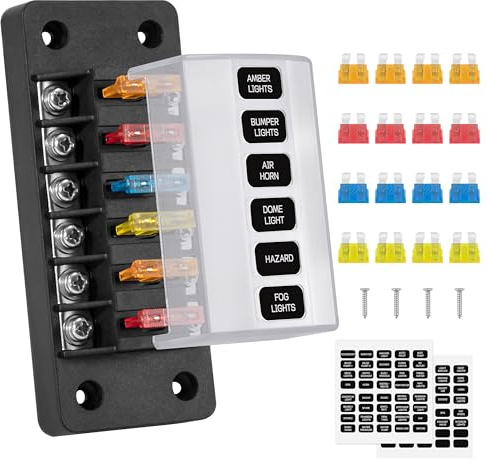 GUNGY 6 Fach Sicherungshalter 12 Volt KFZ Sicherungskasten Sicherungshalter Flachsicherung mit 16Pcs Sicherungen und Etiketten für Auto Boot Wohnmobil