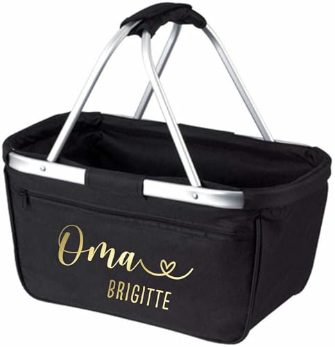 AWASG Einkaufskorb Oma mit Herz- Personalisiert mit Name - Einkaufstasche faltbar Tragekorb mit Aufdruck - 45 x 25 x 25 cm (schwarz)