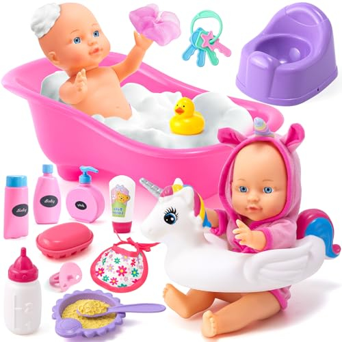 Toyssa Puppen Badewanne Set, Puppenzubehör mit Badepuppe Baby Badewanne Schwimmring Töpfchen Puppenflasche Badente, Puppe Rollspiel Spielzeug Geschenk Mädchen Kinder 2 3 4 5 6 Jahre (Puppe Enthalten)