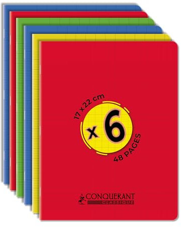 Conquérant Lot de 6 Cahiers 17x22 48 Pages 90g Grands Carreaux Seyès Agrafées Couverture Polypro, Couleurs Assorties