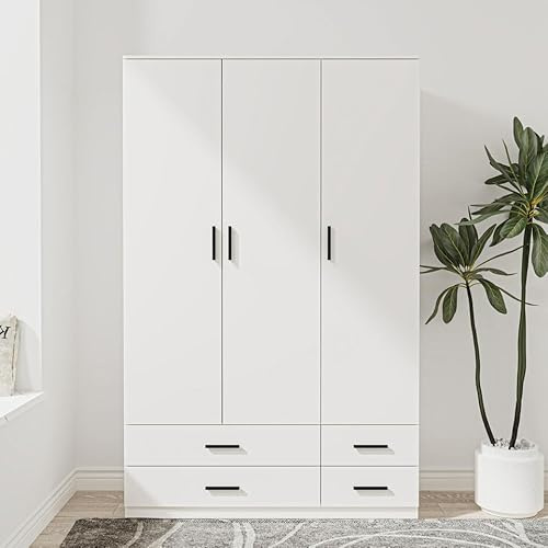 URBNLIVING Modern 3 Door 4 Drawer Wardrobe with Hanging Rail, Bedroom Furniture, Storage Shelf Clothes Organiser Stylish Design, Ample Storage Solution (White)