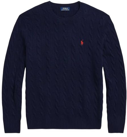 POLO RALPH LAUREN Men's Cable Knit Cashmere Wool Crew Neck Jumper (UK, Alpha, L, Regular, Regular, Hunter Navy)