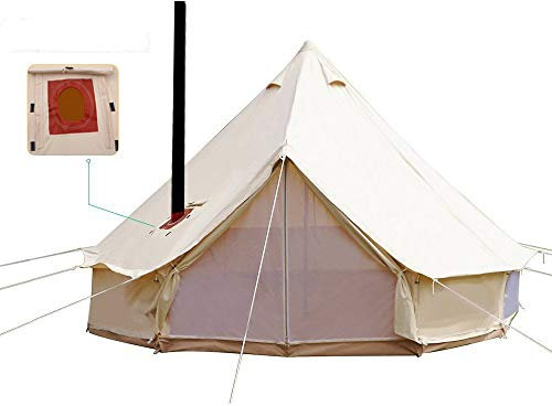 Lussuosa tenda a campana impermeabile in cotone con foro per fornello da tetto per campeggio e glamping, grande tepee yurta per feste di Natale e escursioni, beige