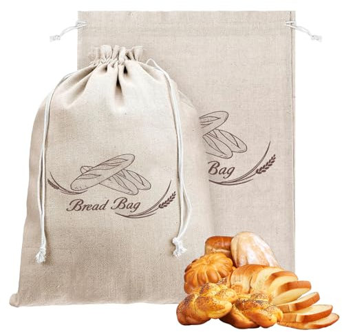 2 Pezzi Sacchetto Pane con Coulisse,Sacchetti Pane Cotone Lino con TPU Interno Plastica,Riutilizzabili Large Borsa per il Pane(30x40cm)