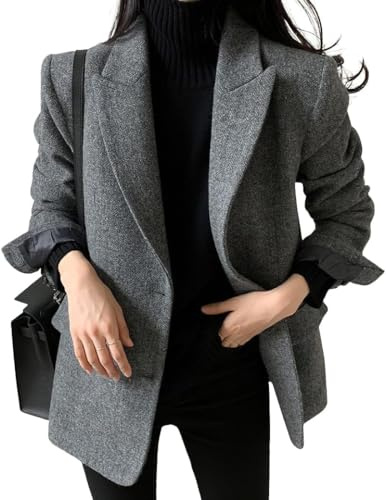 Blazer d'affaires décontracté en mélange de Laine d'hiver pour Femmes Tendance Ample Simple Boutonnage Formel élégant Couleur Unie Revers Veste en Tweed Chaud (Gris,L)
