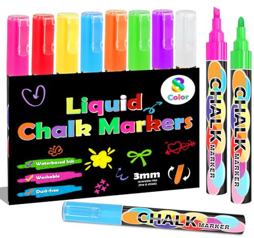 WISHOMEIN Liquid Chalk Pens for Blackboard Wipeable - 8 Colors Liquid Chalk Markers for Windows and Glass Washable, 3mm Window Pens Chalkboard Markers for Drawing Writing