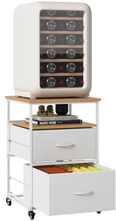 Portable Mini-Kühlschrankregal mit 4 Rollen Schrank mit 2 Schubladen Küchenwagen Wagen Beistelltisch 76cm höch Mini-Kühlschrankständer für Mini Kühlschrank,Küche,Wohnzimmer,Schlafzimmer