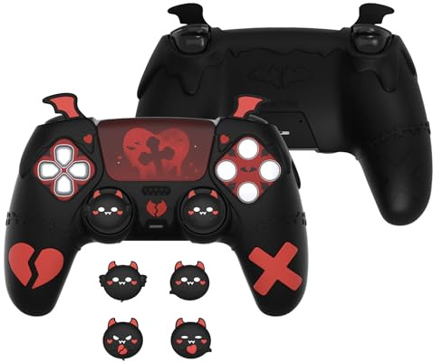 PlayVital Gothic Imp Series Cute Silicone Case for ps5 Controller with 4 Thumb Grips and 6 Stickers, Anti-Slip Silicone Skin Cover, Compatible with ps5 Charging Station, Black