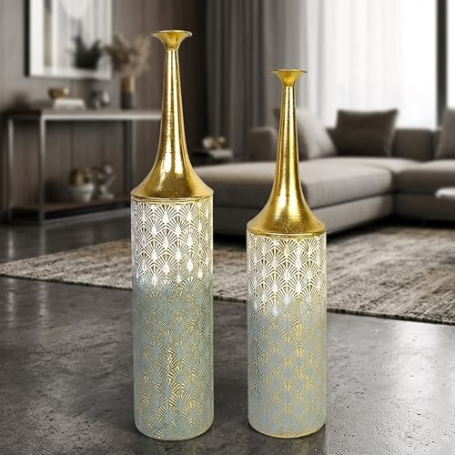 Leewadee Set de 2 Grandes Jarrones de Suelo 65/55 cm - Altos Jarrones de Metal en Dorado para Decoración Hogar