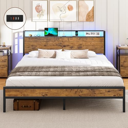 AOGLLATI Bett 160x200 mit LED Beleuchtung,Bettgestell 160x200 mit Steckdose Metallbett mit Holzkopfteil Doppelbett mit Lattenrost aus Metall,30cm Stauraum unter dem Bett Jugendbett Bettrahmen