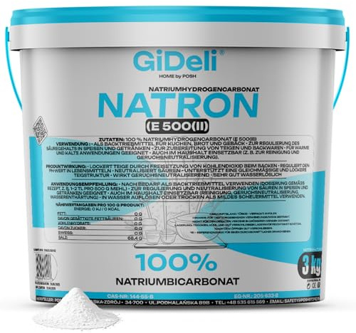GiDeli Natron Pulver 3 kg im Eimer Lebensmittelqualität - Natriumbicarbonat ohne Zusätze - Ideal zum Koche, Backen, Waschen und Putzen - Vielseitige Anwendung im Haushalt