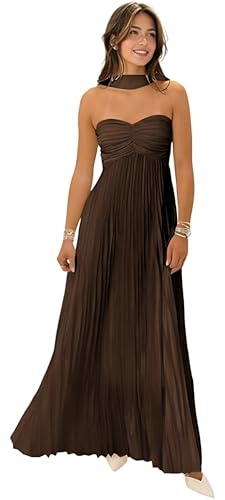 Women Bridesmaid Dress with Scarf Strapless Pleated Satin Flowy Formal Evening Gown Maxi Dresses,Brown,S