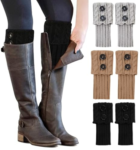 OUDQFCJ 3 Paires de Jambières en Laine pour Femmes, Chaussettes Hautes, Bottes d'Hiver, Jambières Tricotées, Chaussettes Crochetées, Manchettes à Boutons, Chaussettes Ballet (Noir, Kaki, Gris)