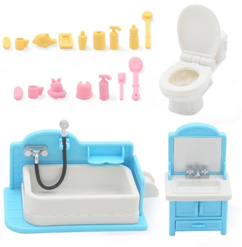 Ensemble de Salle de Bain pour Maison de Poupée, Meuble Salle de Bain Miniature, Ensemble Salle de Bain Maison de Poupée 1/12 Accessoires Maison de Poupées Con Baignoire, Toilettes, Lavabo (A)