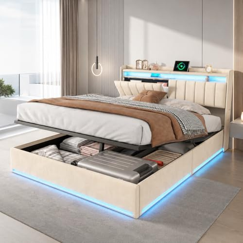 Cama Matrimonial con Almacenamiento 140x200 cm - Cama Tapizada con Sistema de Elevación a Gas, LED, Puerto USB y Base de Lamas, Cabecero con Almacén, Terciopelo Beige - Sin Somier
