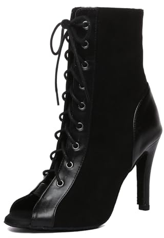 MINITOO Mujer Latina Salón Baile Zapatos Cordones Cordones Fiesta Abierta Sandalias Formal Botas, C003 Black 9 8cm Tacón, 38 EU