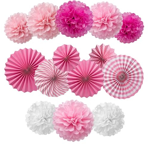14 Piezas Pompones de Papel de Seda, Rosa Decoraciones Fiesta de Papel, Bolas de Pompones para Colgar en Papel de Flores, Abanicos Bola de Pom Poms para Fiestas, Bodas, Cumpleaños, Navidad