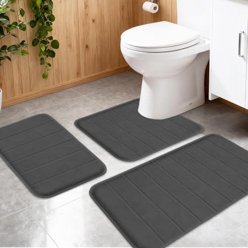 Juego de 3 alfombras de baño con respaldo antideslizante, alfombra de baño suave, lavable y de secado rápido, para ducha, inodoro y baño, 50 x 80 + forma de U 50 x 60 + 40 x 60 cm, gris oscuro