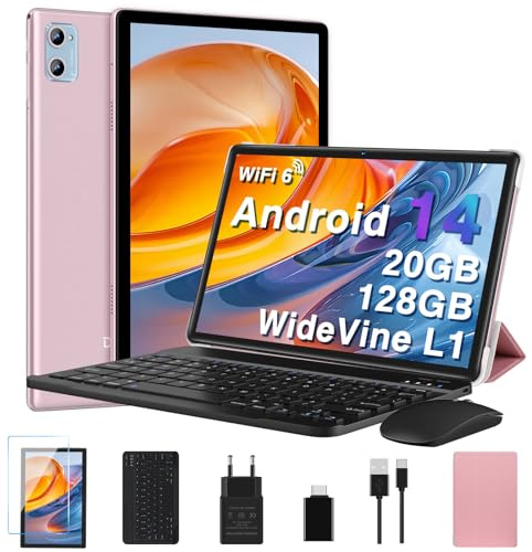 Tablette 10 Pouces Android , 20 Go RAM + 128 Go ROM (TF 2 To), Octa Core/ 5G+2,4G Wi-Fi 6/ Bluetooth 5.0/ 6000 mAh/ Widget/8 MP+5 MP/Widevine L1/GMS ,Tablette 2 en 1 avec Clavier et Souris - Or Rose